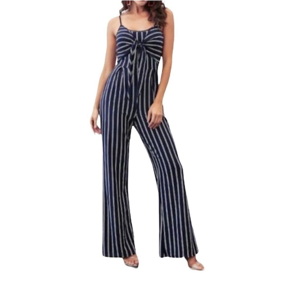 Women’s Romper Jumpsuit Blue Stripped Bow Front Small